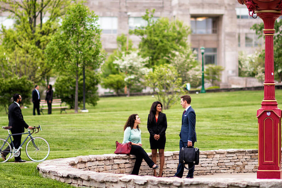 MBA students gather on campus at Kelley School of Business in Bloomington.